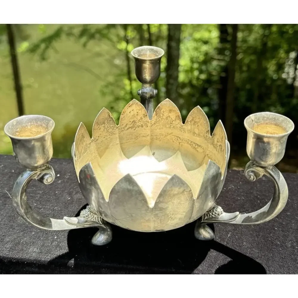 Leonard Silver Plate Centerpiece Triple Candle Holder on Lotus Flower Bowl A85